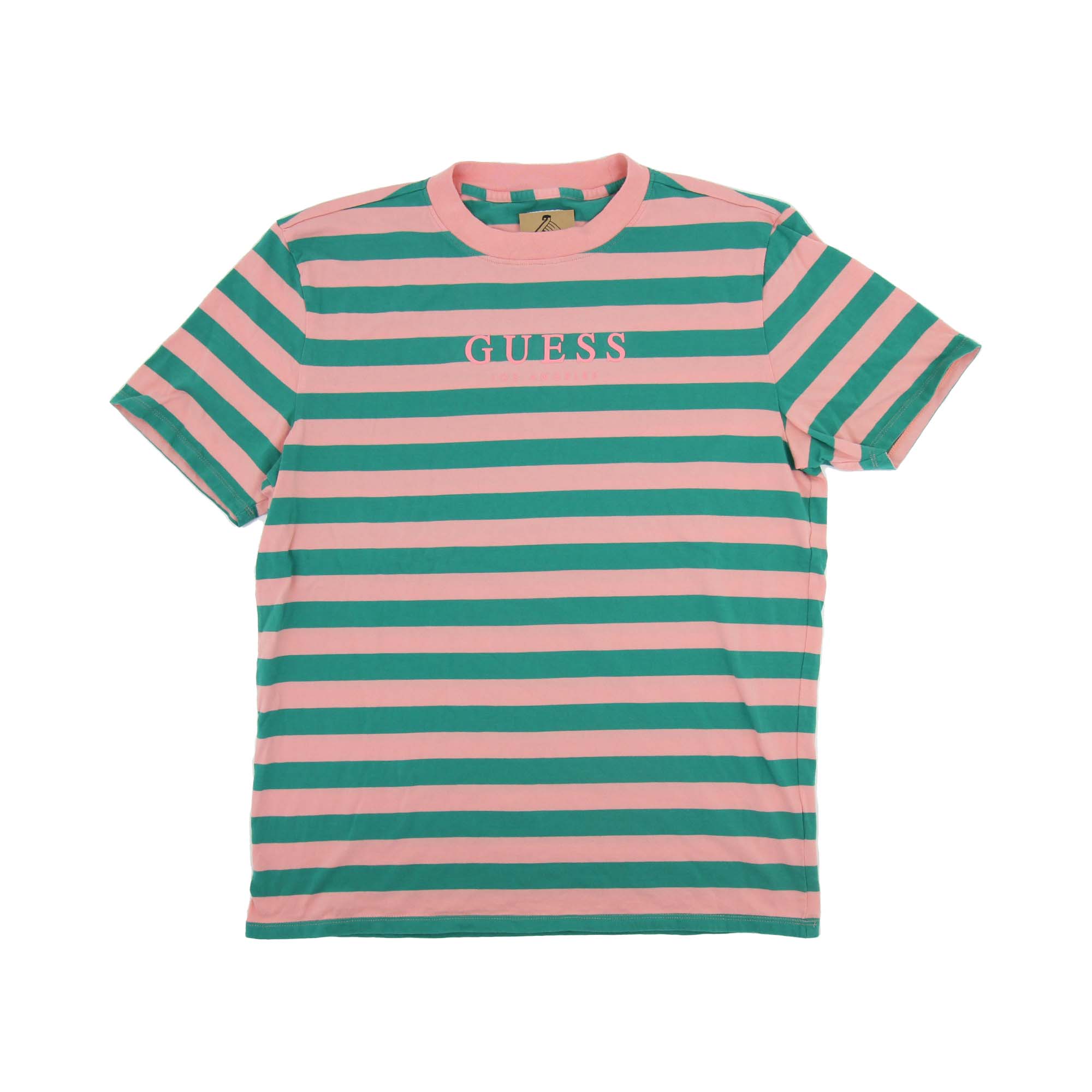 pink and green guess shirt